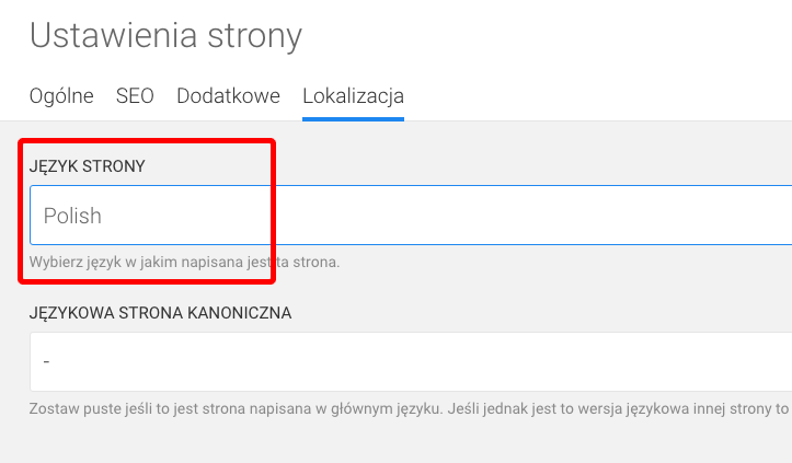 ustawienia językowe strony